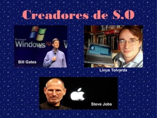 Creadores de S.O

             ￧



Bill Gates

                     Linus Tolvards




                 Steve Jobs
 