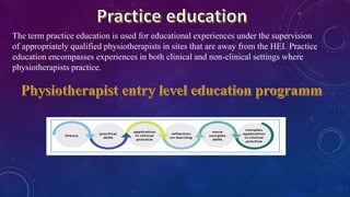 The term practice education is used for educational experiences under the supervision
of appropriately qualified physiotherapists in sites that are away from the HEI. Practice
education encompasses experiences in both clinical and non-clinical settings where
physiotherapists practice.
 