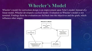 Wheeler’s model for curriculum design is an improvement upon Tyler’s model. Instead of a
linear model, Wheeler developed a cyclical model. Evaluation in Wheeler’s model is not
terminal. Findings from the evaluation are fed back into the objectives and the goals, which
influence other stages.
 