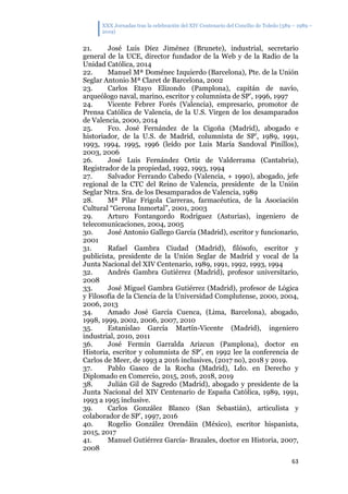 XXX Jornadas tras la celebración del XIV Centenario del Concilio de Toledo (589 – 1989 –
2019)
63
21. José Luis Díez Jiménez (Brunete), industrial, secretario
general de la UCE, director fundador de la Web y de la Radio de la
Unidad Católica, 2014
22. Manuel Mª Doménec Izquierdo (Barcelona), Pte. de la Unión
Seglar Antonio Mª Claret de Barcelona, 2002
23. Carlos Etayo Elizondo (Pamplona), capitán de navío,
arqueólogo naval, marino, escritor y columnista de SP’, 1996, 1997
24. Vicente Febrer Forés (Valencia), empresario, promotor de
Prensa Católica de Valencia, de la U.S. Virgen de los desamparados
de Valencia, 2000, 2014
25. Fco. José Fernández de la Cigoña (Madrid), abogado e
historiador, de la U.S. de Madrid, columnista de SP’, 1989, 1991,
1993, 1994, 1995, 1996 (leído por Luis María Sandoval Pinillos),
2003, 2006
26. José Luis Fernández Ortiz de Valderrama (Cantabria),
Registrador de la propiedad, 1992, 1993, 1994
27. Salvador Ferrando Cabedo (Valencia, + 1990), abogado, jefe
regional de la CTC del Reino de Valencia, presidente de la Unión
Seglar Ntra. Sra. de los Desamparados de Valencia, 1989
28. Mª Pilar Frigola Carreras, farmacéutica, de la Asociación
Cultural “Gerona Inmortal”, 2001, 2003
29. Arturo Fontangordo Rodríguez (Asturias), ingeniero de
telecomunicaciones, 2004, 2005
30. José Antonio Gallego García (Madrid), escritor y funcionario,
2001
31. Rafael Gambra Ciudad (Madrid), filósofo, escritor y
publicista, presidente de la Unión Seglar de Madrid y vocal de la
Junta Nacional del XIV Centenario, 1989, 1991, 1992, 1993, 1994
32. Andrés Gambra Gutiérrez (Madrid), profesor universitario,
2008
33. José Miguel Gambra Gutiérrez (Madrid), profesor de Lógica
y Filosofía de la Ciencia de la Universidad Complutense, 2000, 2004,
2006, 2013
34. Amado José García Cuenca, (Lima, Barcelona), abogado,
1998, 1999, 2002, 2006, 2007, 2010
35. Estanislao García Martín-Vicente (Madrid), ingeniero
industrial, 2010, 2011
36. José Fermín Garralda Arizcun (Pamplona), doctor en
Historia, escritor y columnista de SP’, en 1992 lee la conferencia de
Carlos de Meer, de 1993 a 2016 inclusives, (2017 no), 2018 y 2019.
37. Pablo Gasco de la Rocha (Madrid), Ldo. en Derecho y
Diplomado en Comercio, 2015, 2016, 2018, 2019
38. Julián Gil de Sagredo (Madrid), abogado y presidente de la
Junta Nacional del XIV Centenario de España Católica, 1989, 1991,
1993 a 1995 inclusive.
39. Carlos González Blanco (San Sebastián), articulista y
colaborador de SP’, 1997, 2016
40. Rogelio González Orendáin (México), escritor hispanista,
2015, 2017
41. Manuel Gutiérrez García- Brazales, doctor en Historia, 2007,
2008
 