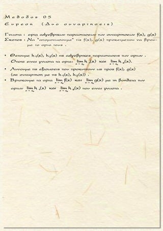6
3 6x 0
Nα υπολογισετε τοοριο:
x +1 - x +1
lim
x +1 - x +1
6
3
2 3
6 6
x 0
3(1)
2y 1
Το Ε.Κ.Π των ταξεων των ριζων ειναι : 6
Θετουμε y = x + 1
Oποτε
y = x + 1
y = x + 1 (1)
lim x + 1 = 0 + 1 = 1 δηλαδη y 1
Eτσι
y - y
= lim =
y - y







6
3 6x 0
x + 1 - x + 1
lim
x + 1 - x + 1
y 1
y 1
(y + 1)
= lim =
= lim (y + 1) =
y (y -1)
y(
=
y
1 =
-1)
+ 1


2
μ ο ρ φ η :
Ριζικα διαφορετικης ταξης αλ-
λα με ιδιο υπορριζο.
ζ η τ ο υ μ ε ν ο :
Eυρεση οριου πηλικου .
σ κ ο π ο ς :
Να απαλειψουμε τον ορο που
μηδενιζει αριθμητη και παρο-
νομαστη .
α ν τ ι μ ε τ ω π ι σ η :
1. Βρισκουμε το ΕΚΠ των τα-
ξεων των ριζων και θετουμε
y τη ριζα με ταξη το ΕΚΠ,
της οποιας βρισκω το οριο
για να βρω που τεινει ο y .
2. Αντικαθιστω τις ριζες με δυ-
ναμεις του y και βρισκω το
ζητουμενο οριο με μεταβλη-
τη τον y .
Τακης Τσακαλακος011
 