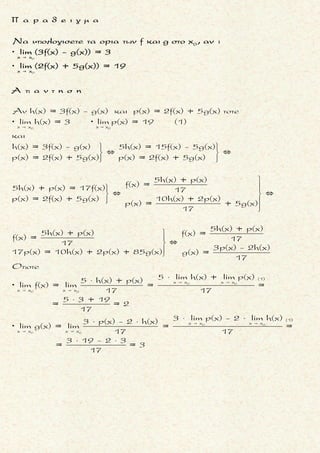 x 1
x 2
x 2
1. Υπολογισετε το οριο της συναρτησης f στηθεση x = 1 αν :
5f(x)- 2
lim = 2 .
2f(x)- 3
f(x)- 3x + 2
2. Υπολογισετε το οριο lim αν ισχυει :
x - 2
f(x)- 4
lim = 7 .
x - 2



x 1
1.
5f(x)- 2
Θετουμε h(x) = (1) oποτε lim h(x) = 2 (2)
2f(x)- 3
Απ'την (1)προκυπτει :
5f(x)- 2
h(x) = 5f(x)- 2 = h(x)(2f(x)- 3)
2f(x)- 3
5f(x)- 2 = 2h(x)f(x)- 3h(x) 5f(x)- 2h(x)f(x) = 2 - 3h(x)
2 - 3h(x)
f(x) =

.
Ť Ť
Ť Ť
(2)
x 1
x 1
5 - 2h(x)
2 - 3h(x) 2 - 3 2 2 - 6 - 4
Αρα, = lim = = = =
5 - 2h(x) 5 - 2 2 5 - 4 1
2.
f(x)- 4
Θετουμε h(x) = (3) oποτε lim h(x) = 7 (4)
x - 2
Απ'την (3)προκυπτει :
f(x)- 4
h(x) = f(x)- 4 = h(x)(x - 2)
x - 2



x 1
lim f(x) - 4

Ť Ť
(4)
x 2
x 2
f(x) = h(x)(x - 2) + 4
Αρα, = lim[h(x)(x - 2) + 4] = 7 0 + 4 =
f(x)- 3x + 2 0
Ετσι για το lim απροσδιοριστια .
x - 2 0
Ειναι
f(x)- 3x + 2 f(x) - 3x + 2 f(x)- 4 - 3(x - 2)
= = =
x - 2 x - 2 x - 2
f(x)-
- +
=
4 4



x 2
lim f(x) 4

3(x - 2)4
-
x - 2 x - 2
(3)
(4)
x 2
= h(x)- 3
Ετσι
= lim(h(x)- 3) = 7 - 3 =
x 2
f(x)- 3x + 2
lim 4
x - 2
μ ο ρ φ η :
Οριο παραστασης της συναρ-
τησης f .
ζ η τ ο υ μ ε ν ο :
Eυρεση του οριου της συναρτη-
σης f .
σ κ ο π ο ς :
Να «απομονωσουμε» την f(x)
προκειμενου να βρουμε το οριο
της .
α ν τ ι μ ε τ ω π ι σ η :
1. Θετουμε την παρασταση της
f, της οποιας το οριο ειναι
γνωστο, σαν μια συναρτηση
εστω h(x) και λυνουμε την
παρασταση ως προς f(x) .
2. Στη συνεχεια βρισκουμε το
οριο της f(x) .
3. Aν στη πιο πανω περιπτωση
ζητειται το οριο αλλης παρα-
στασης της συναρτησης f,
τοτε βρισκουμε οπως πιο πα-
νω το οριο της και στη συνε-
χεια στο ” σπασιμο ” του
κλασματος, εμφανιζουμε τη
βοηθητικη συναρτηση .
Τακης Τσακαλακος012
 