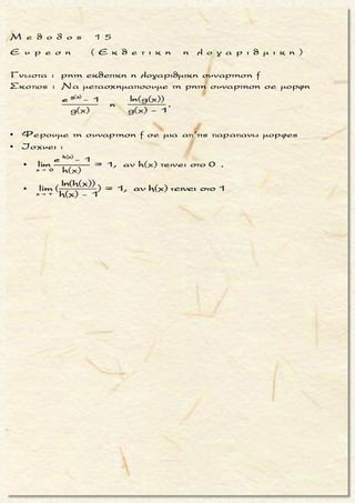 
x 1
x 1
2
x 1
Να βρεθουν τα lim f(x), oταν :
x - 4
lim = +
f(x)
lim [f(x) (3x - 2) = +





x 1 x 1
x 1
x - 4
Θεωρουμε τησυναρτηση h(x) = κοντα στο 1.
f(x)
τοτε
x - 4 1
h(x) f(x) = x - 4 f(x) = = (x - 4)
h(x) h(x)
1
lim h(x) = + lim = 0
h(x)
lim(
 

 

Š
Š
x 1 x 1
2
2 2
x - 4) = - 3
Ετσι
1
= lim(x - 4) lim = - 3 0 =
h(x)
Θεωρουμε τησυναρτησηg(x) = f(x)(3x - 2) κοντα στο 1.
τοτε
g(x) 1
f(x) = = g(x)
3x - 2 3x
 
 

x 1
lim f(x) 0

x 1
2 2x 1
2x 1 x 1
- 2
lim g(x) = +
1 1
lim = = 1 0
3x - 2 3 1 - 2
Ετσι
1
= lim g(x) lim = (+ ) 1=
3x - 2


 



  
x 1
lim f(x) +


μ ο ρ φ η :
Δοσμενο οριο παραστασης που
περιεχει τη συναρτηση f, ισο
με απειρο .
ζ η τ ο υ μ ε ν ο :
Ευρεση οριου συναρτησης f .
σ κ ο π ο ς :
Να προκυψει
h(x)
f(x) =
g(x)
, oπου
μια απ’τις g, h ειναι η βοηθητι-
κη συναρτηση, της οποιας ει-
ναι γνωστο το οριο .
α ν τ ι μ ε τ ω π ι σ η :
1. Θετουμε h(x) τη δοσμενη πα-
ρασταση .
2. Λυνουμε ως προ f(x) .
3. Συνεχιζουμε, οπως στα προ-
ηγουμενα .
θ υ μ α μ α ι :
Χρησιμοι οι πινακες αθροισμα-
τος-γινομενου οταν
▪
x x
lim f(x) = α
 0
Ś Ŕ
▪
x x
lim g(x) =


0
Τακης Τσακαλακος031
 