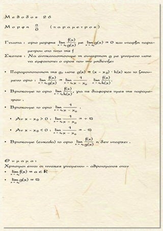 π
x
2
Να βρεθει τοοριο : lim (π - 2x)εφx .

+
+
+
+
π
x
2
0
0
DLHπ
x
2
π
x
2
x
Ειναι
π - 2x
= lim =
1
εφx
π - 2x
= lim =
σφx
(π - 2x)'
= lim =
(σφx)'
= lim




π
x
2
lim (π - 2x)εφx

+
+
+
π
2 2
2
π
x
2
2
2
- 2
=
1
-
ημx
= lim 2ημx =
π
= 2 ημ =
2
= 2 1 =

 
  
 
 2
μ ο ρ φ η :
Γινομενο συναρτησεων (f ∙ g) .
ζ η τ ο υ μ ε ν ο :
Ευρεση του οριου τoυ γινομε-
νου f ∙ g .
σ κ ο π ο ς :
Nα αντικαταστησουμε καταλ-
ληλα μια απ’τις συναρτησεις
ωστε να προκυψει ρητη συναρ-
τηση .
α ν τ ι μ ε τ ω π ι σ η :
1. Το οριο καταληγει σε απρο-
σδιοριστια 0 ∙ ∞ .
2. Αντιστρεφουμε μια απ’τις
δυο συναρτησεις και την βα-
ζουμε παρονομαστη, οποτε
προκυπτει οριο ρητης συναρ-
τησης .
3. Παιρνουμε το ισοδυναμο ο-
ριο του πηλικου των παρα-
γωγων (αριθμητη και παρο-
νομαστη) .
4. Αν προκυψει νεα απροσδιο-
ριστια, επαναλαμβανουμε
το βημα 3 .
5. Βρισκουμε το ισοδυναμο ο-
ριο, κατα τα γνωστα .
Τακης Τσακαλακος054
 