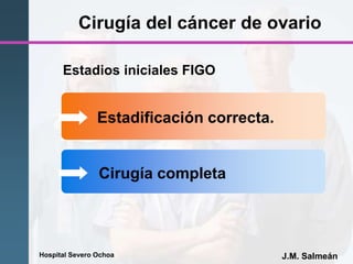 Hospital Severo Ochoa J.M. Salmeán
Cirugía del cáncer de ovario
Cirugía completa
Estadificación correcta.
Estadios iniciales FIGO
 