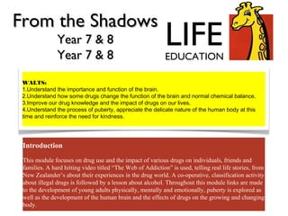 From the Shadows
               Year 7 & 8
               Year 7 & 8
                                                            LIFE
                                                            EDUCATION

 WALTS:
 1.Understand the importance and function of the brain.
 2.Understand how some drugs change the function of the brain and normal chemical balance.
 3.Improve our drug knowledge and the impact of drugs on our lives.
 4.Understand the process of puberty, appreciate the delicate nature of the human body at this
 time and reinforce the need for kindness.




 Introduction
 This module focuses on drug use and the impact of various drugs on individuals, friends and
 families. A hard hitting video titled “The Web of Addiction” is used, telling real life stories, from
 New Zealander’s about their experiences in the drug world. A co-operative, classification activity
 about illegal drugs is followed by a lesson about alcohol. Throughout this module links are made
 to the development of young adults physically, mentally and emotionally, puberty is explored as
 well as the development of the human brain and the effects of drugs on the growing and changing
 body.
 