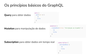 Os princípios básicos do GraphQL
Query para obter dados
Mutation para manipulação de dados
Subscription para obter dados em tempo real
 