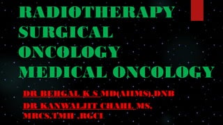 RADIOTHERAPY
SURGICAL
ONCOLOGY
MEDICAL ONCOLOGY
DR BEHGAL K S MD(AIIMS),DNB
DR KANWALJIT CHAHL MS,
MRCS,TMH ,RGCI
 