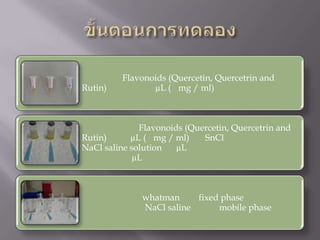 Rutin)

Flavonoids (Quercetin, Quercetrin and
µL ( mg / ml)

Flavonoids (Quercetin, Quercetrin and
Rutin)
µL ( mg / ml)
SnCl
NaCl saline solution
µL
µL

whatman
fixed phase
NaCl saline
mobile phase

 
