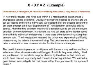 X + XY = Z (Example)
“A new meter reader was hired and within a 3 month period experienced 3
chargeable vehicle accidents. Obviously something needed to change. Do we
cut our losses and fire the individual? We decided after the second accident to
put them through an 8 hour Department of Transportation defensive driving
course. After the third accident leadership’s decision was to put the employee
on a last chance agreement. In addition, we had our state safety leader spend
time with this individual to determine if there were other factors impacting their
environment. The investigation revealed the driver was experiencing difficulty
maneuvering the vehicle they were driving. The decision was to have them
drive a vehicle that was more conducive for the driver and their job.
The result, the employee now has 8 years with the company and has not had a
vehicle accident since we switched the type of vehicle they were driving. Had
we just blamed the accidents on poor choices by the driver or bad habits we
would have reacted improperly and come to the wrong solution. We learned a
good lesson to investigate the root cause rather than just react to the apparent
cause.”
X = the Individual, Y = the System, XY = the Individual Working in the System, Z = any Measure of Performance.
 