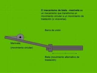 Manivela (movimiento circular) Biela (movimiento alternativo de traslación) Barra de unión El  mecanismo de biela - manivela  es un mecanismo que transforma un movimiento circular a un movimiento de traslación (o viceversa).  