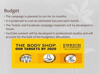 Budget
• The campaign is planned to run for six months.
• It is projected to cost an estimated $50,000 each month.
• The Twitter and Facebook campaign materials will be developed in-
house.
• YouTube content will be developed in professional studios and will
account for the bulk of the budgetary allocations.
 