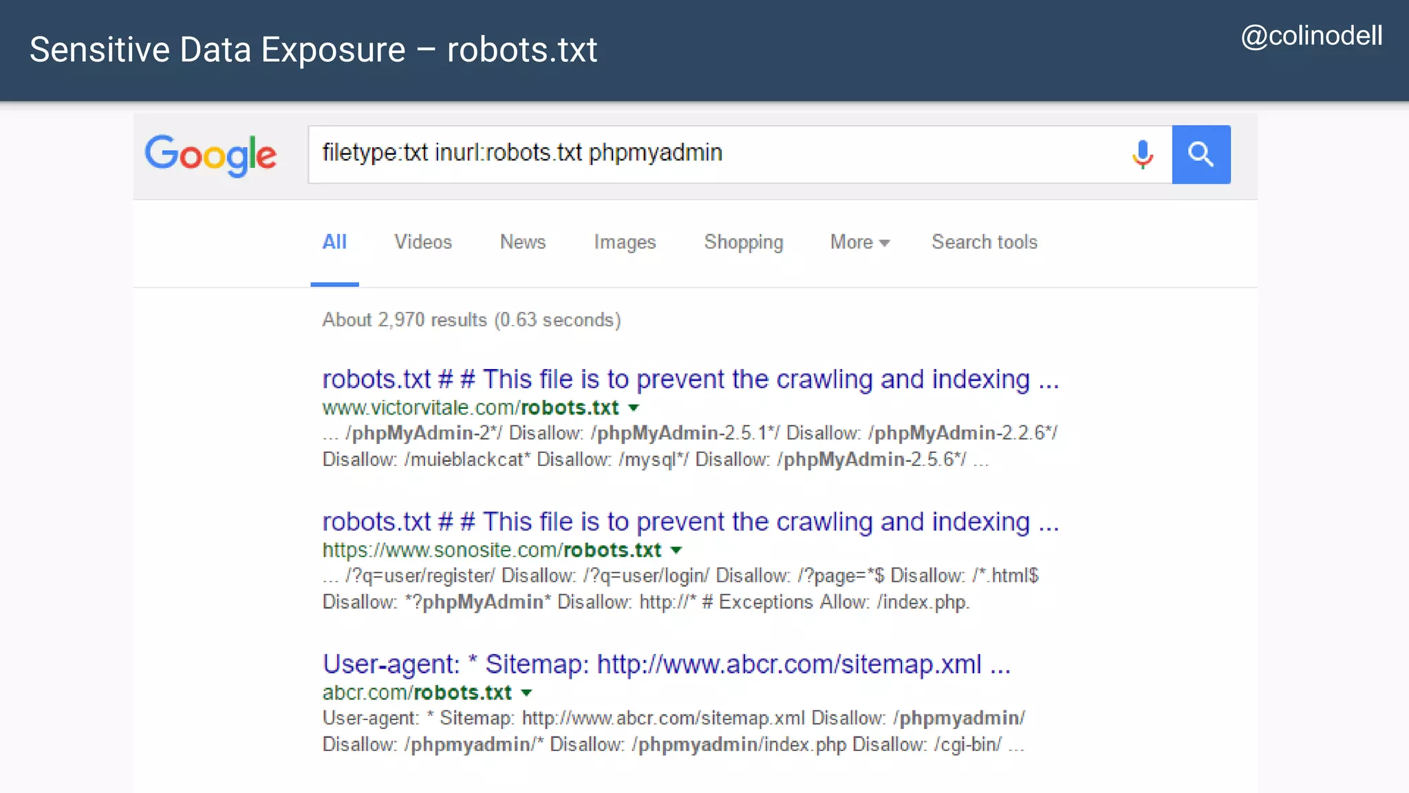 Sensitive Data Exposure – robots.txt @colinodell 