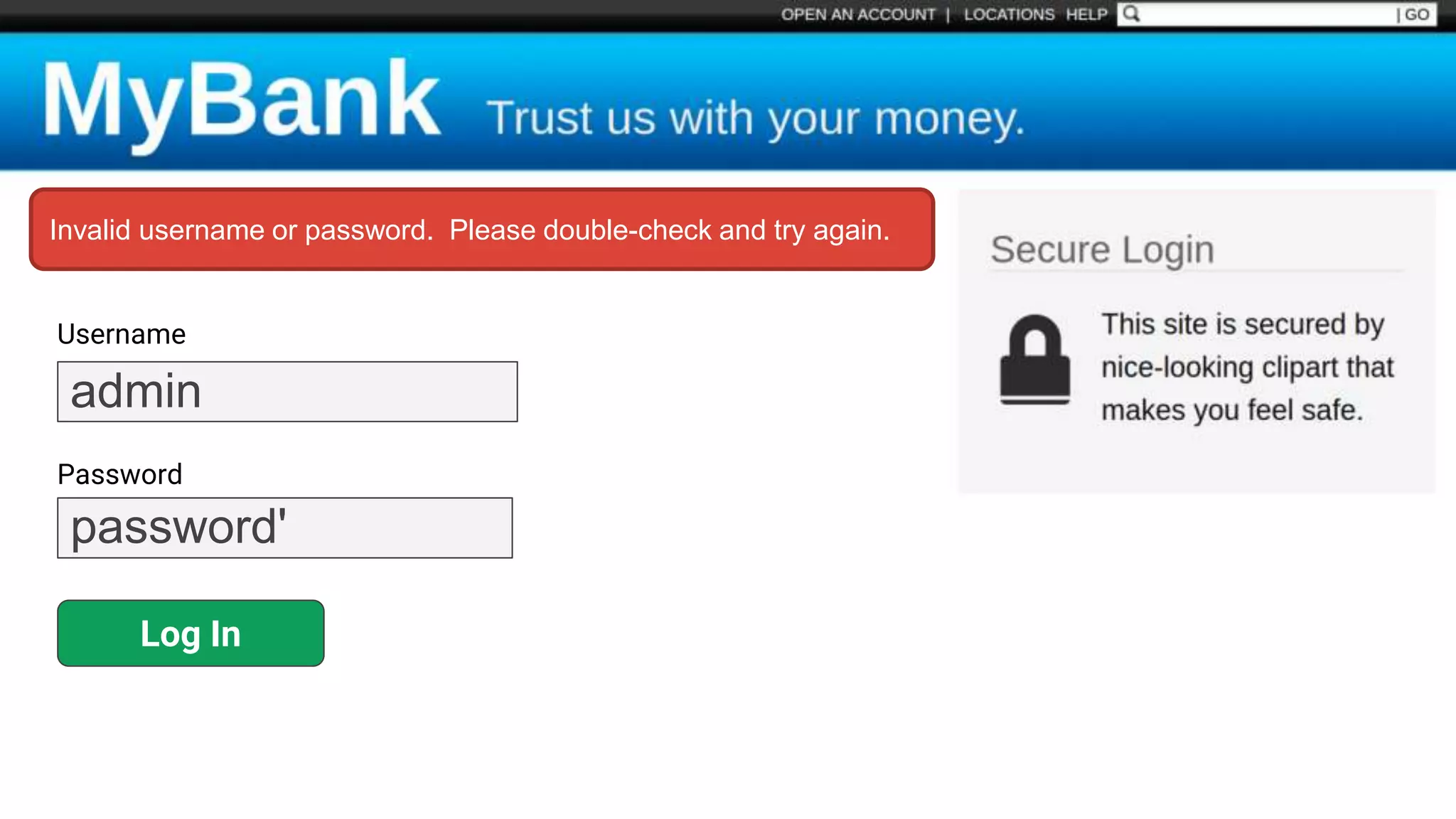 Username Password Log In admin password' Invalid username or password. Please double-check and try again. 