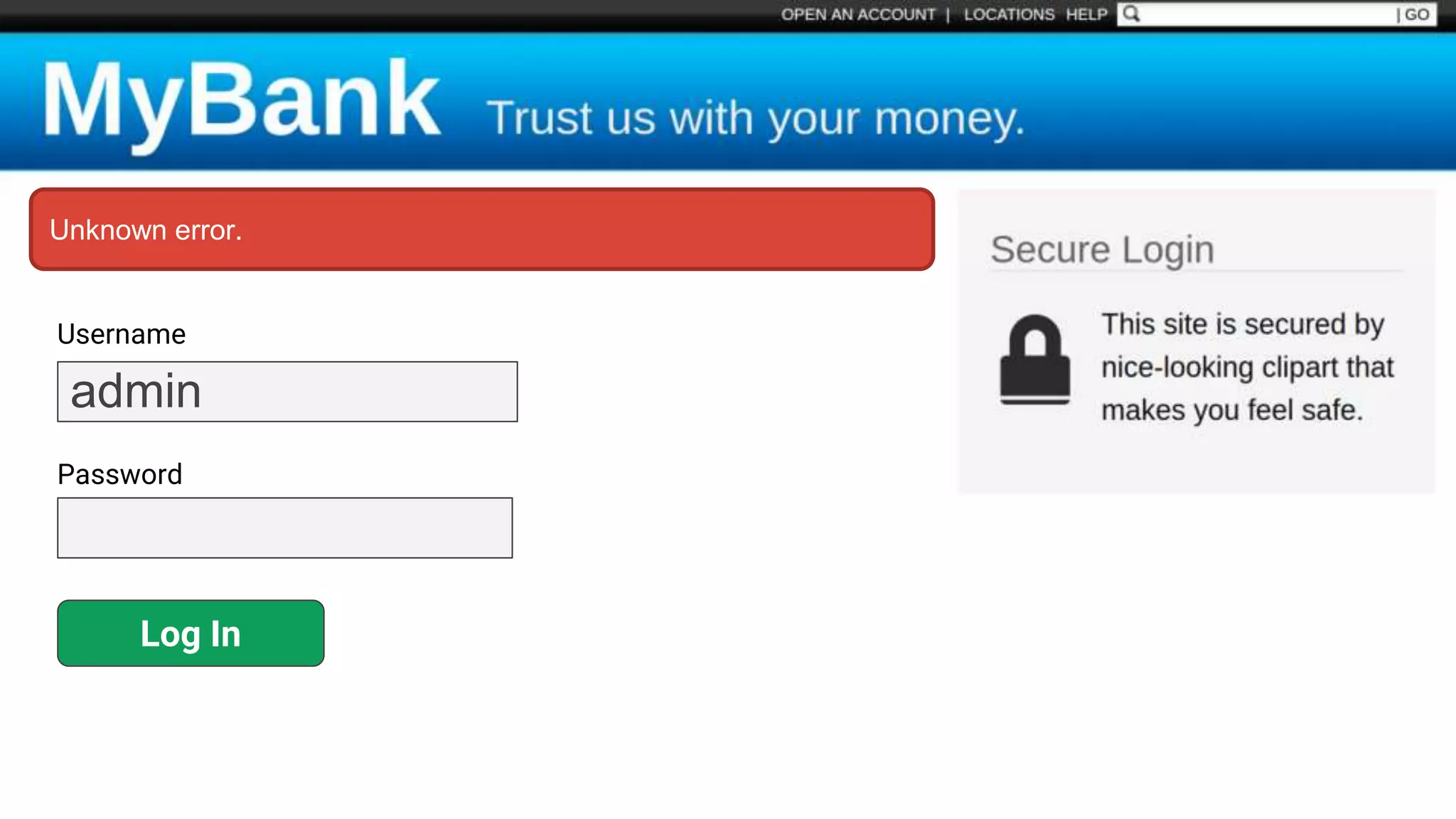 Username Password Log In admin Unknown error. 