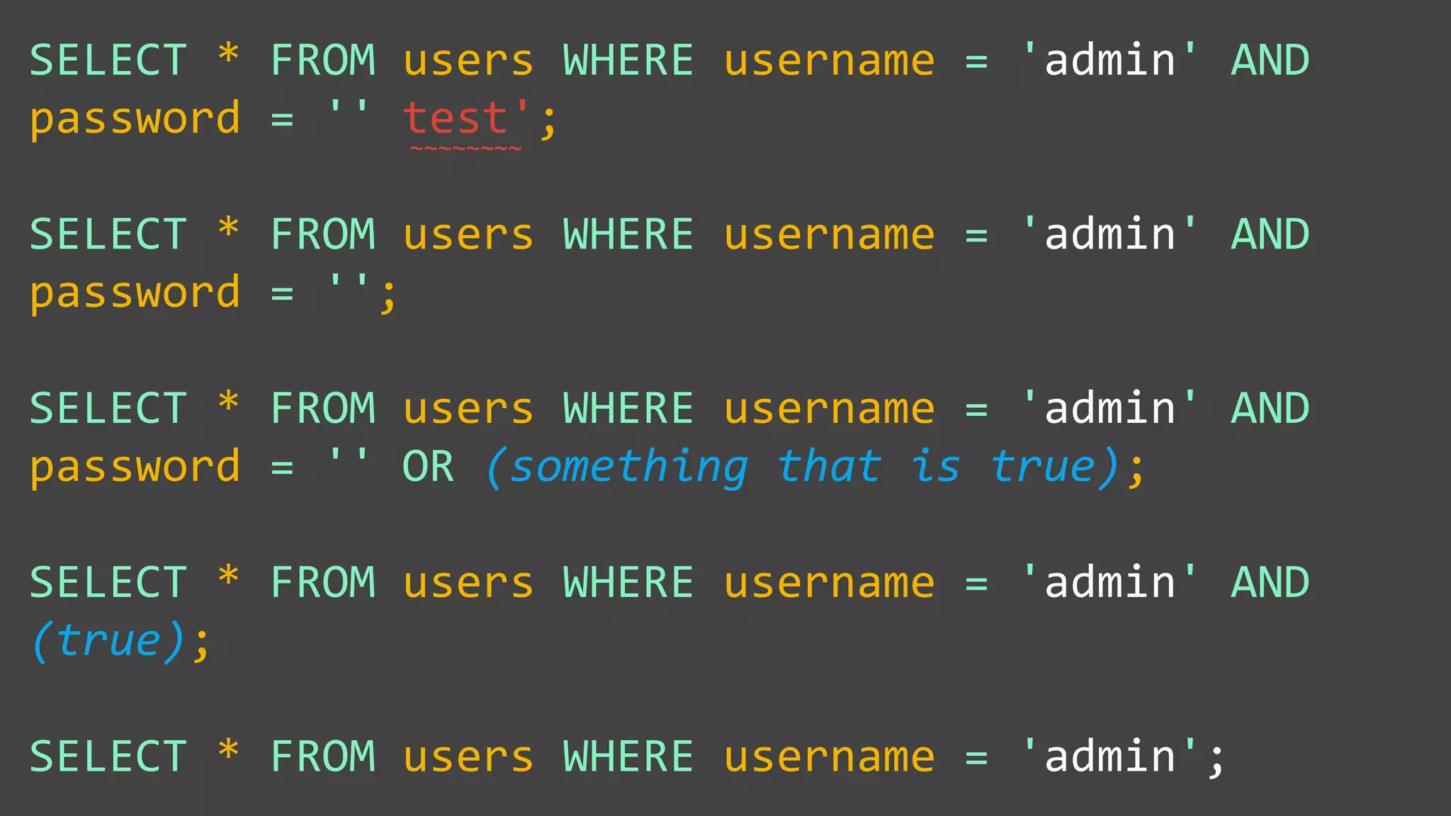 ~~~~~~~~ SELECT * FROM users WHERE username = 'admin' AND password = '' test'; SELECT * FROM users WHERE username = 'admin' AND password = ''; SELECT * FROM users WHERE username = 'admin' AND password = '' OR (something that is true); SELECT * FROM users WHERE username = 'admin' AND (true); SELECT * FROM users WHERE username = 'admin'; 
