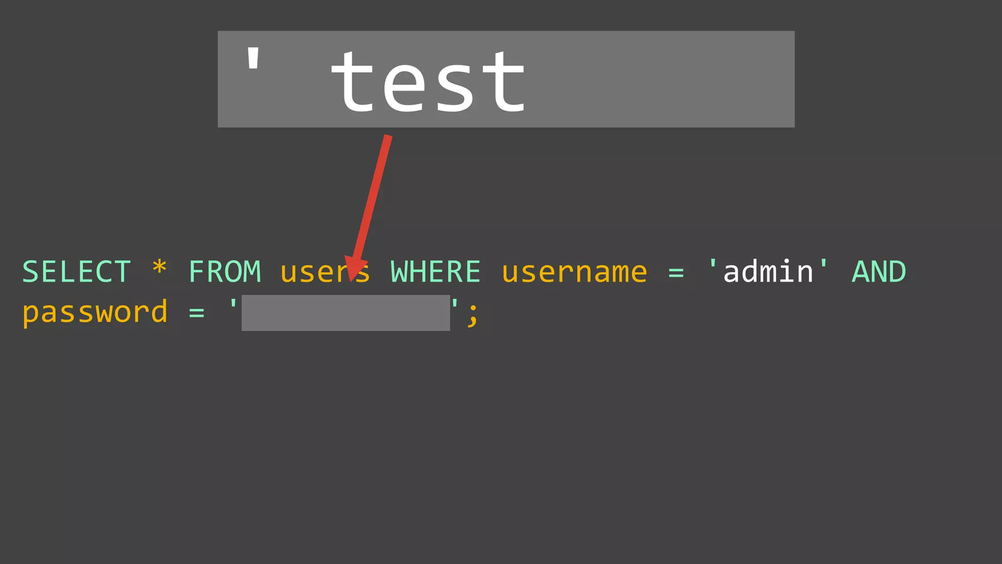 SELECT * FROM users WHERE username = 'admin' AND password = '' test '; ' test 