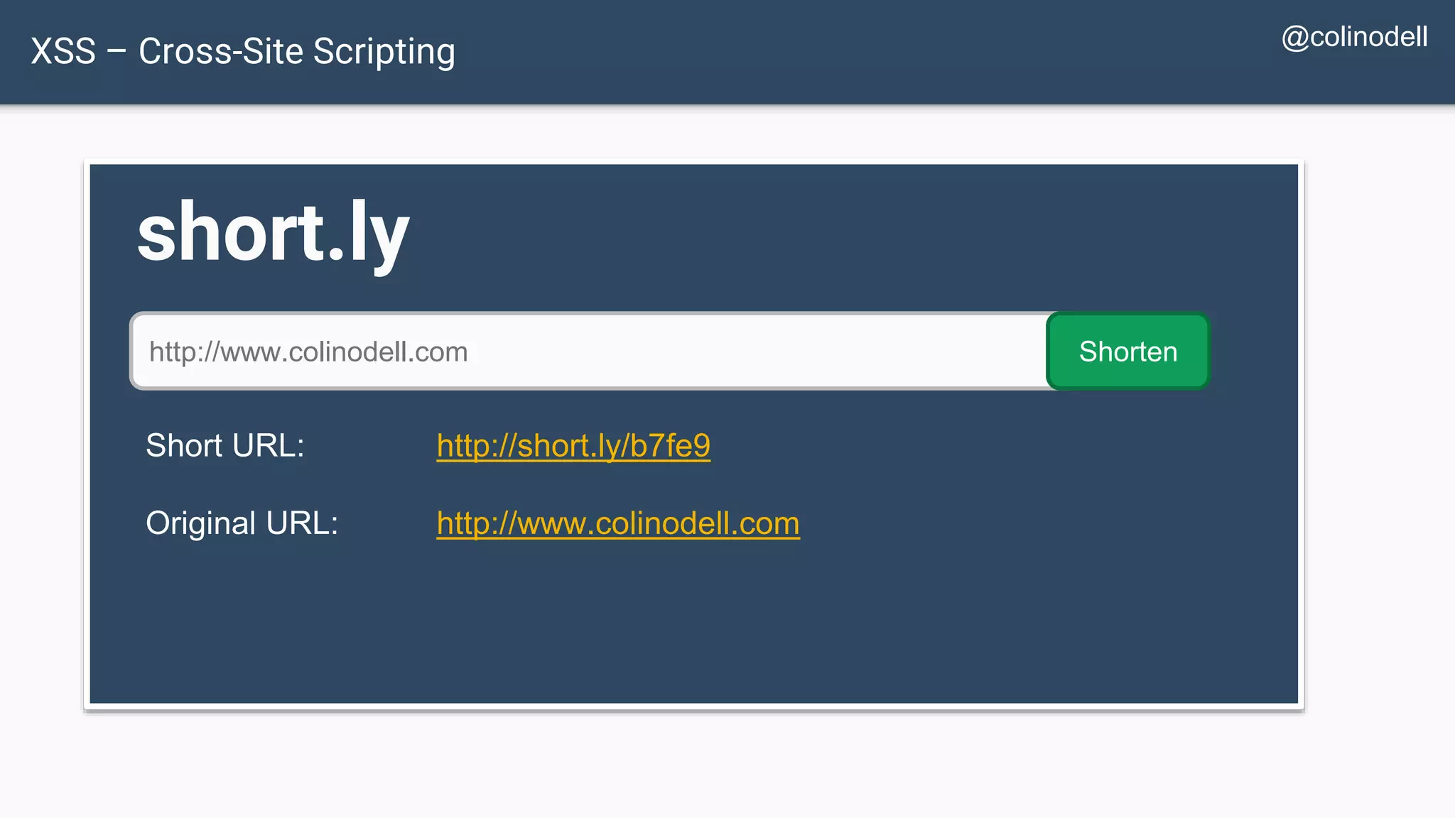 XSS – Cross-Site Scripting short.ly http://www.colinodell.com Shorten Short URL: http://short.ly/b7fe9 Original URL: http://www.colinodell.com @colinodell 