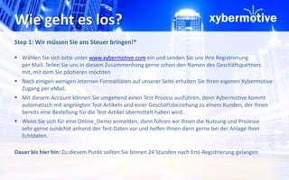 Wie geht es los? 
Step 1: Wir müssen Sie ans Steuer bringen!* 
 Wählen Sie sich bitte unter www.xybermotive.com ein und senden Sie uns Ihre Registrierung 
per Mail. Teilen Sie uns in diesem Zusammenhang gerne schon den Namen des Geschäftspartners 
mit, mit dem Sie pilotieren möchten 
 Nach einigen wenigen internen Formalitäten auf unserer Seite erhalten Sie Ihren eigenen Xybermotive 
Zugang per eMail. 
 Mit diesem Account können Sie umgehend einen Test-Prozess ausführen, denn Xybermotive kommt 
automatisch mit angelegten Test-Artikeln und einer Geschäftsbeziehung zu einem Kunden, der Ihnen 
bereits eine Bestellung für die Test-Artikel übermittelt haben wird.. 
 Wenn Sie sich für eine Online_Demo anmelden, dann führen wir Ihnen die Nutzung und Prozesse 
sehr gerne zunächst anhand der Test-Daten vor und helfen Ihnen dann gerne bei der Anlage Ihrer 
Echtdaten. 
Dauer bis hier hin: Zu diesem Punkt sollten Sie binnen 24 Stunden nach Erst-Registrierung gelangen 
 