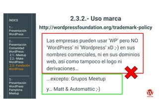ÍNDICE
1.-
Presentación
WordPress
-------------------------
2.-
Presentación
Comunidad
WordPress:
2.1.- Meetup
2.2.- Make
...