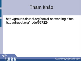 Tham khảo

http://groups.drupal.org/social-networking-sites
http://drupal.org/node/627224
 