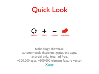 Quick Look




            technology showcase.
   autonomously discovers games and apps.
          android only. free. ad free.
~300,000 apps, ~500,000 element feature vector.
                    Xyggy
 