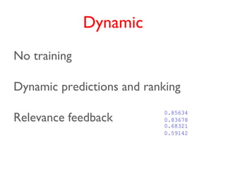 Dynamic
No training

Dynamic predictions and ranking

Relevance feedback
                           0.85634
                           0.83678
                           0.68321
                           0.59142
 