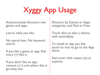 Xyggy App Usage
Autonomously discovers new         Discover by Games or Apps
games and apps.                    categories...