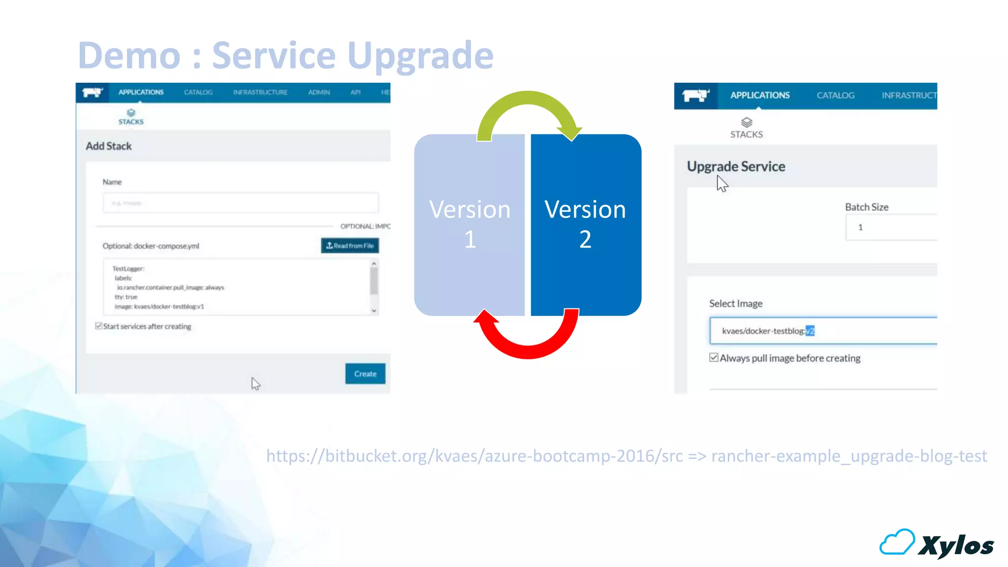 Demo : Service Upgrade
Version
1
Version
2
https://bitbucket.org/kvaes/azure-bootcamp-2016/src => rancher-example_upgrade-blog-test
 