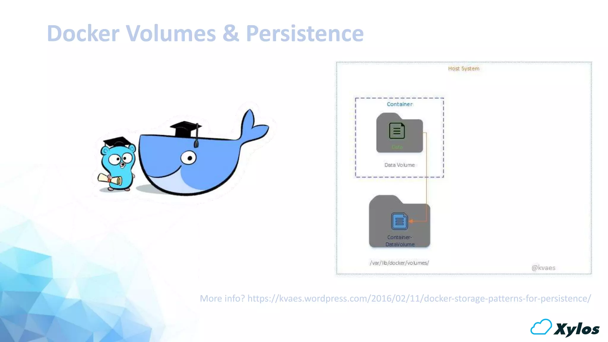 Docker Volumes & Persistence
More info? https://kvaes.wordpress.com/2016/02/11/docker-storage-patterns-for-persistence/
 