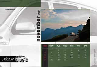 2011
november
           SUN   MON   TUE   WED   THU   FRI   SAT




                                                     Contributed by SHAHIN OLAKARA
                        1     2     3    4     5
            6     7     8     9    10    11    12
           13    14    15    16    17    18    19
           20    21    22    23    24    25    26
           27    28    29    30
 