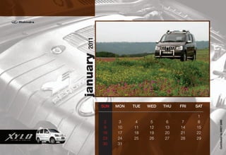 2011
january
          SUN   MON   TUE   WED   THU   FRI   SAT

                                              1




                                                    Contributed by AMEY SANE
           2     3     4     5     6     7    8
           9    10    11    12    13    14    15
          16    17    18    19    20    21    22
          23    24    25    26    27    28    29
          30    31
 