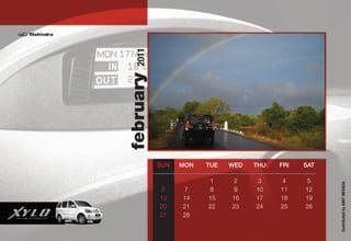 2011
february
           SUN   MON   TUE   WED   THU   FRI   SAT

                        1     2     3    4     5




                                                     Contributed by AMIT MEVADA
            6     7     8     9    10    11    12
           13    14    15    16    17    18    19
           20    21    22    23    24    25    26
           27    28
 