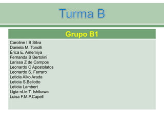 Grupo B1
Caroline I B Silva
Daniela M. Tonolli
Érica E. Amemiya
Fernanda B Bertolini
Larissa Z de Campos
Leonardo C Apostolatos
Leonardo S. Ferraro
Leticia Aiko Arada
Leticia S.Bellotto
Leticia Lambert
Ligia nLie T. Ishikawa
Luisa F.M.P.Capell
 