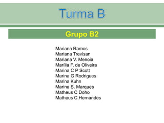 Grupo B2
Mariana Ramos
Mariana Trevisan
Mariana V. Menoia
Marília F. de Oliveira
Marina C P Scott
Marina G Rodrigues
Marina Kuhn
Marina S. Marques
Matheus C Doho
Matheus C.Hernandes
 