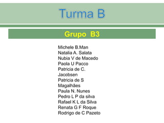 Grupo B3
Michele B.Man
Natalia A. Salata
Nubia V de Macedo
Paola U Pacco
Patricia de C.
Jacobsen
Patricia de S
Magalhães
Paula N. Nunes
Pedro L P da silva
Rafael K L da Silva
Renata G F Roque
Rodrigo de C Pazeto
 