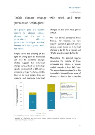 X&Y Partners

                                                                            2012 Yearbook



Tackle         climate             change      with          tried      and          true
persuasion techniques

The greater good is a w orthy                   changes in this area have proven
m otive      to     address        clim ate     difficult.
change,       but       it’s      not     a
                                                Our own studies corroborate these
particularly                      effective
                                                findings.    For    instance,   we     have
persuasion technique. Routine,
                                                recently estimated potential carbon
rew ard and social proof w ork
                                                savings purely based on behavioral
far better.
                                                changes to be 3% for a hospital and

Simple actions like switching off the           10% for an entire region (Exhibit 1).

lights or turning down the thermostat
                                                Materializing this potential requires
can   lead    to    substantial     savings:
                                                convincing    the    majority   of     these
studies   suggest       that      behavioral
                                                employees and citizens to change
change alone, without any technology
                                                multiple aspects of their daily lives.
update, can result in 5 to 20% carbon
                                                The standard approach to achieve this
emissions savings. The human mind is
                                                is usually to i) appeal to our sense of
however far more complex than any
                                                altruism by showing that conserving
machine, and meaningful behavioral




 Exhibit 1 - Behavior and technology based carbon emissions savings potential for an
 illustrative hospital and region.


                                                                                         21
 