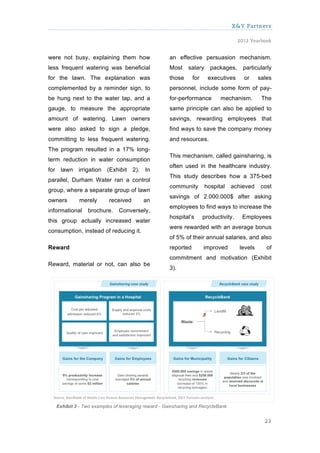 X&Y Partners

                                                                                      2012 Yearbook


were not busy, explaining them how                   an effective persuasion mechanism.
less frequent watering was beneficial                Most    salary      packages,      particularly
for the lawn. The explanation was                    those      for     executives      or     sales
complemented by a reminder sign, to                  personnel, include some form of pay-
be hung next to the water tap, and a                 for-performance         mechanism.         The
gauge, to measure the appropriate                    same principle can also be applied to
amount of watering. Lawn owners                      savings, rewarding employees that
were also asked to sign a pledge,                    find ways to save the company money
committing to less frequent watering.                and resources.
The program resulted in a 17% long-
                                                     This mechanism, called gainsharing, is
term reduction in water consumption
                                                     often used in the healthcare industry.
for lawn irrigation (Exhibit 2). In
                                                     This study describes how a 375-bed
parallel, Durham Water ran a control
                                                     community        hospital    achieved      cost
group, where a separate group of lawn
                                                     savings of 2.000.000$ after asking
owners       merely       received       an
                                                     employees to find ways to increase the
informational   brochure.     Conversely,
                                                     hospital’s       productivity.    Employees
this group actually increased water
                                                     were rewarded with an average bonus
consumption, instead of reducing it.
                                                     of 5% of their annual salaries, and also
Reward                                               reported         improved        levels      of
                                                     commitment and motivation (Exhibit
Reward, material or not, can also be
                                                     3).




   Exhibit 3 - Two examples of leveraging reward - Gainsharing and RecycleBank.


                                                                                                 23
 