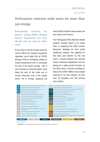 X&Y Partners

                                                                                    2012 Yearbook



Performance contracts make sense for more than
just energy

Perform ance           contracts          are           same ESCO model to these areas can
popular am ong ESCOs (Energy                            thus make a lot of sense.
Service Com panies), but they
                                                        The Portuguese NHS (National Health
should also be used in other
                                                        System) recently asked us to assist
areas
                                                        them in preparing the 2020 Carbon

If you want to reduce energy costs but                  Reduction Strategy for their public

cannot afford the required equipment                    healthcare network. The objective of

upgrades, you’ll likely find an ESCO                    this work was twofold: on the one

(Energy Service Company) willing to                     hand, it should address the sectoral

install everything for free, in exchange                carbon emissions legislations that are

for part of the future savings. But if                  being put in place across Europe; on

your company is services based, most                    the other hand, it should contribute to

likely the bulk of the costs are in                     reduce the 8.000+ Million Euro budget

human resources and in the supply                       required to run this network of more

chain, not in energy. Applying the                      than 70 hospitals and 340 primary
                                                        care centers.




   Exhibit 1 - Considered carbon and cost reduction initiatives.




                                                                                              26
 