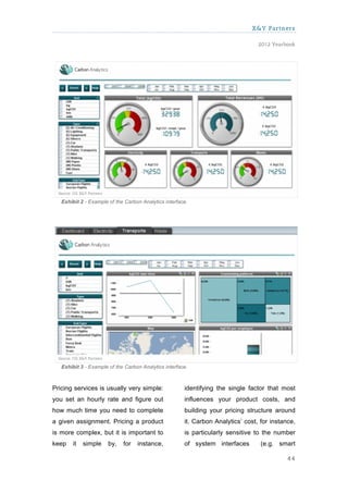 X&Y Partners

                                                                                  2012 Yearbook




   Exhibit 2 - Example of the Carbon Analytics interface.




   Exhibit 3 - Example of the Carbon Analytics interface.



Pricing services is usually very simple:               identifying the single factor that most
you set an hourly rate and figure out                  influences your product costs, and
how much time you need to complete                     building your pricing structure around
a given assignment. Pricing a product                  it. Carbon Analytics’ cost, for instance,
is more complex, but it is important to                is particularly sensitive to the number
keep   it   simple     by,   for   instance,           of system interfaces        (e.g. smart

                                                                                             44
 