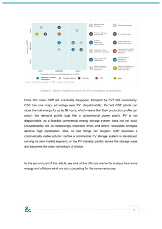 Exhibit 6 - Impact/Probability matrix for PV technological developments


Does this mean CSP will eventually disappear, trampled by PV? Not necessarily.
CSP has one major advantage over PV: dispatchability. Current CSP plants can
store thermal energy for up to 16 hours, which means that their production profile can
match the demand profile (just like a conventional power plant). PV is not
dispatchable, as a feasible commercial energy storage system does not yet exist.
Dispatchability will be increasingly important when and where renewable energies
achieve high penetration rates, so two things can happen: CSP becomes a
commercially viable solution before a commercial PV storage system is developed,
carving its own market segment; or the PV industry quickly solves the storage issue
and becomes the solar technology of choice.




In the second part of this article, we look at the offshore market to analyze how wave
energy and offshore wind are also competing for the same resources.




                                                                                      6
 