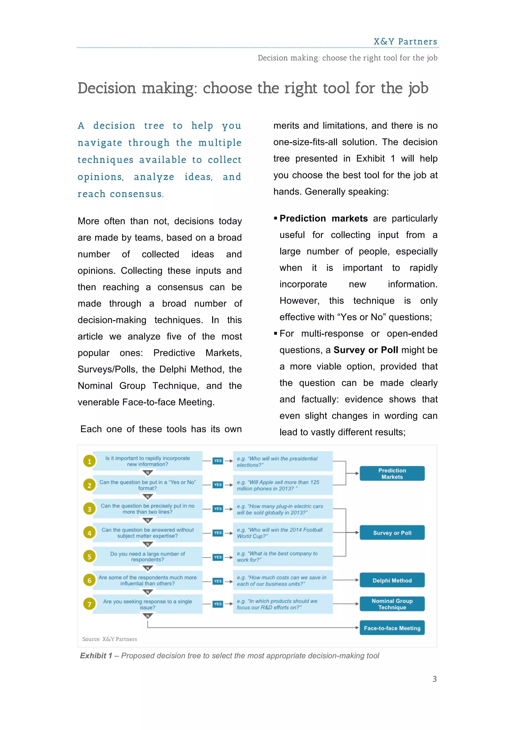 X&Y Partners
                                                   Decision making: choose the right tool for the job



Decision making: choose the right tool for the job

A decision tree to help you                            merits and limitations, and there is no
navigate through the m ultiple                         one-size-fits-all solution. The decision
techniques available to collect                        tree presented in Exhibit 1 will help
opinions,        analyze      ideas,     and           you choose the best tool for the job at
reach consensus.                                       hands. Generally speaking:


More often than not, decisions today                   § Prediction markets are particularly

are made by teams, based on a broad                      useful for collecting input from a

number      of    collected     ideas     and            large number of people, especially

opinions. Collecting these inputs and                    when     it   is   important     to    rapidly

then reaching a consensus can be                         incorporate          new        information.

made through a broad number of                           However,      this   technique        is   only

decision-making techniques. In this                      effective with “Yes or No” questions;

article we analyze five of the most                    § For multi-response or open-ended

popular    ones:     Predictive     Markets,             questions, a Survey or Poll might be

Surveys/Polls, the Delphi Method, the                    a more viable option, provided that

Nominal Group Technique, and the                         the question can be made clearly

venerable Face-to-face Meeting.                          and factually: evidence shows that
                                                         even slight changes in wording can
Each one of these tools has its own                      lead to vastly different results;




Exhibit 1 – Proposed decision tree to select the most appropriate decision-making tool


                                                                                                      3
 