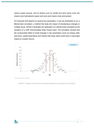 various power sources, and on factors such as rainfall and wind (since more rain
means more hydroelectric power and more wind means more wind power).

For forecasts that depend on several key parameters, it may be worthwhile to run a
Monte-Carlo simulation, a method that tests the impact of simultaneous changes in
multiple inputs. Exhibit 5 illustrates the application of a Monte-Carlo simulation to the
valuation of a CSP (Concentrated Solar Power) plant. The simulation showed that
the compounded effect of small changes in key parameters (such as energy yield,
pool price, capital expenditure and interest rate swap rates) could have a meaningful
impact on investor returns.




      Exhibit 5 – Example of a Monte-Carlo simulation applied to the valuation of a CSP plant




                                                                                                6
 