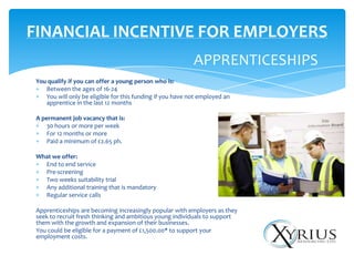 FINANCIAL INCENTIVE FOR EMPLOYERS
                                                            APPRENTICESHIPS
 You qualify if you can offer a young person who is:
    Between the ages of 16-24
    You will only be eligible for this funding if you have not employed an
    apprentice in the last 12 months

 A permanent job vacancy that is:
     30 hours or more per week
     For 12 months or more
     Paid a minimum of £2.65 ph.

 What we offer:
   End to end service
   Pre-screening
   Two weeks suitability trial
   Any additional training that is mandatory
   Regular service calls

 Apprenticeships are becoming increasingly popular with employers as they
 seek to recruit fresh thinking and ambitious young individuals to support
 them with the growth and expansion of their businesses.
 You could be eligible for a payment of £1,500.00* to support your
 employment costs.
 