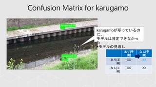 Confusion Matrix for karugamo
karugamoが写っているの
に、
モデルは推定できなかっ
た
▶モデルの見逃し
あり[予
測]
なし[予
測]
あり[正
解]
XX XX
なし[正
解]
XX XX
 