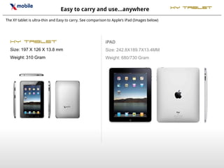 Easy to carry and use…anywhere                                XY Tablet

The XY tablet is ultra-thin and Easy to carry. See comparison to Apple’s iPad (Images below)




  XY Tablet                                                 iPAD
  Size: 197 X 126 X 13.8 mm                                 Size: 242.8X189.7X13.4MM
  Weight: 310 Gram                                          Weight: 680/730 Gram
 