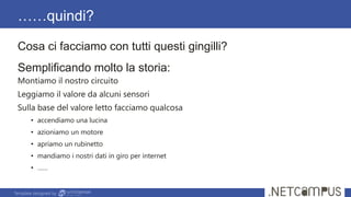 Template designed by
……quindi?
Cosa ci facciamo con tutti questi gingilli?
Semplificando molto la storia:
Montiamo il nostro circuito
Leggiamo il valore da alcuni sensori
Sulla base del valore letto facciamo qualcosa
• accendiamo una lucina
• azioniamo un motore
• apriamo un rubinetto
• mandiamo i nostri dati in giro per internet
• ……
 