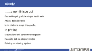 Template designed by
Xively
……e non finisce qui
Embedding di grafici e widget in siti web
Analisi dei dati storici
Invio di alert a script di controllo
In pratica
Misurazione del consumo energetico
Raccolta dati da stazioni meteo
Building monitoring system
 