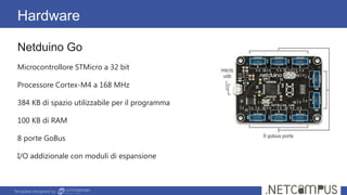 Template designed by
Hardware
Netduino Go
Microcontrollore STMicro a 32 bit
Processore Cortex-M4 a 168 MHz
384 KB di spazio utilizzabile per il programma
100 KB di RAM
8 porte GoBus
I/O addizionale con moduli di espansione
 