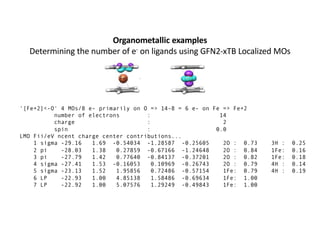 Organometallic examples
Determining the number of e- on ligands using GFN2-xTB Localized MOs
'[Fe+2]<-O' 4 MOs/8 e- primarily on O => 14-8 = 6 e- on Fe => Fe+2
number of electrons : 14
charge : 2
spin : 0.0
LMO Fii/eV ncent charge center contributions...
1 sigma -29.16 1.69 -0.54034 -1.28587 -0.25605 2O : 0.73 3H : 0.25
2 pi -28.03 1.38 0.27859 -0.67166 -1.24648 2O : 0.84 1Fe: 0.16
3 pi -27.79 1.42 0.77640 -0.84137 -0.37201 2O : 0.82 1Fe: 0.18
4 sigma -27.41 1.53 -0.16053 0.10969 -0.26743 2O : 0.79 4H : 0.14
5 sigma -23.13 1.52 1.95856 0.72486 -0.57154 1Fe: 0.79 4H : 0.19
6 LP -22.93 1.00 4.85138 1.58486 -0.69634 1Fe: 1.00
7 LP -22.92 1.00 5.07576 1.29249 -0.49843 1Fe: 1.00
 